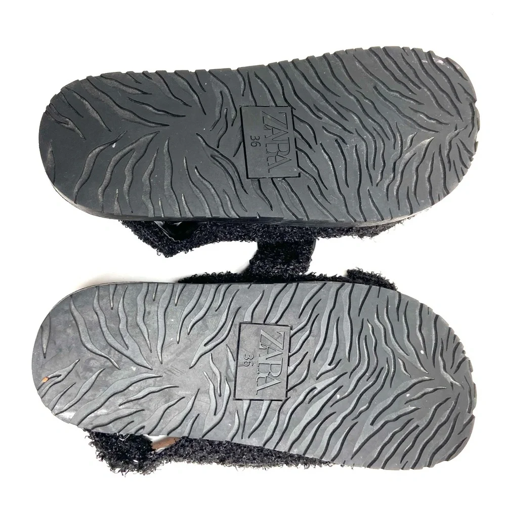 ZARA Black Faux Sherpa Fleece Double Buckle Sandal